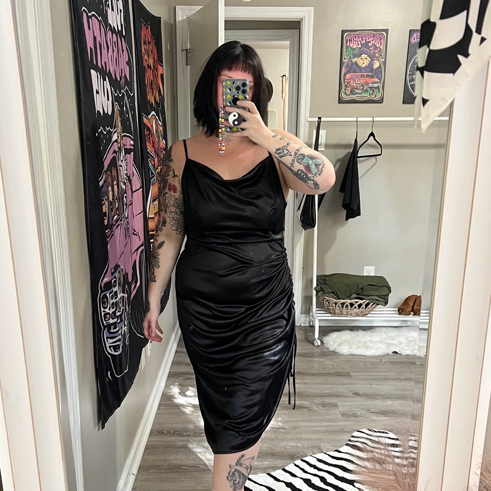 Black Ruched Cowl- Neck Slip Dress